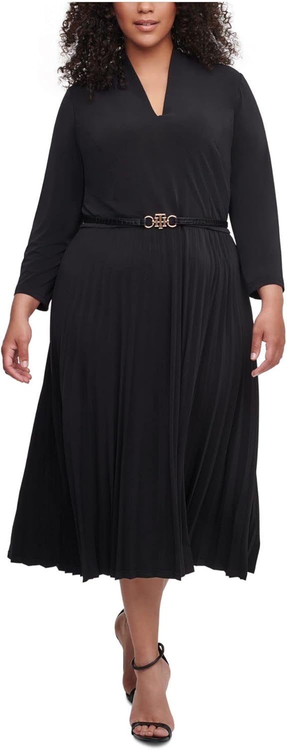 

Женское платье миди Tommy Hilfiger с V-образным вырезом, рукавами четверть дюйма и поясом, Black