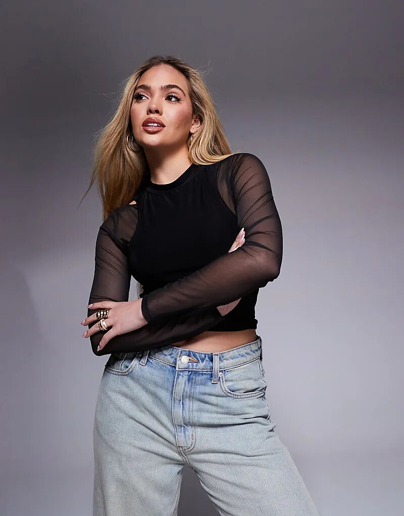 

Сетчатый лонгслив ASOS DESIGN с длинными рукавами и многослойным воротником черного цвета