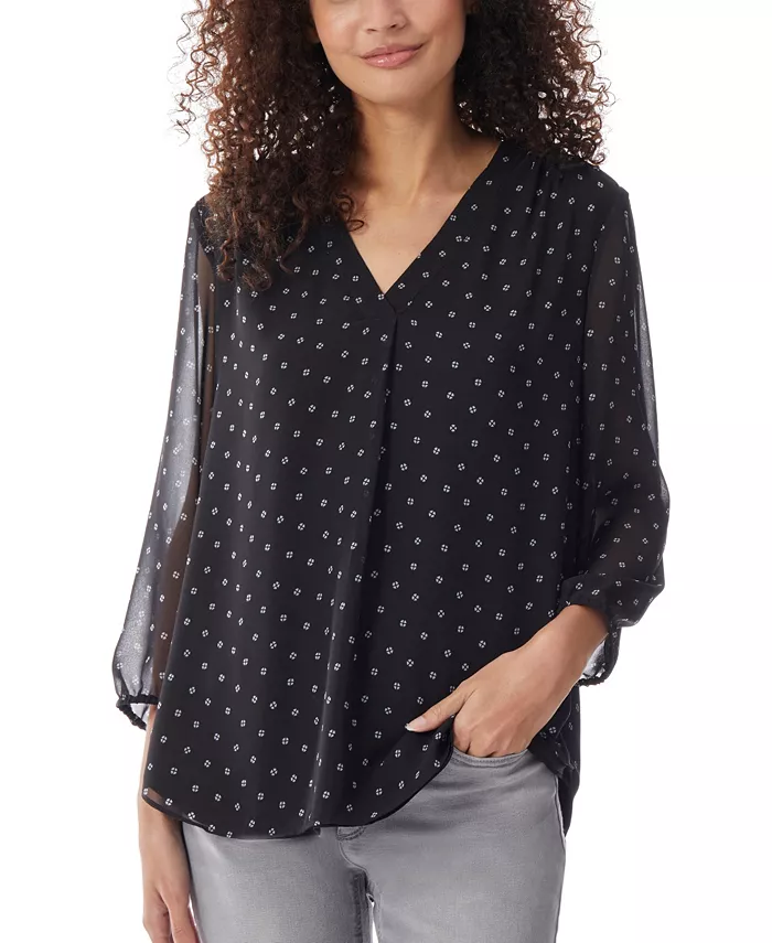 

Женская туника с V-образным вырезом, плиссированной передней частью и рукавом 3/4 Jones New York, черный