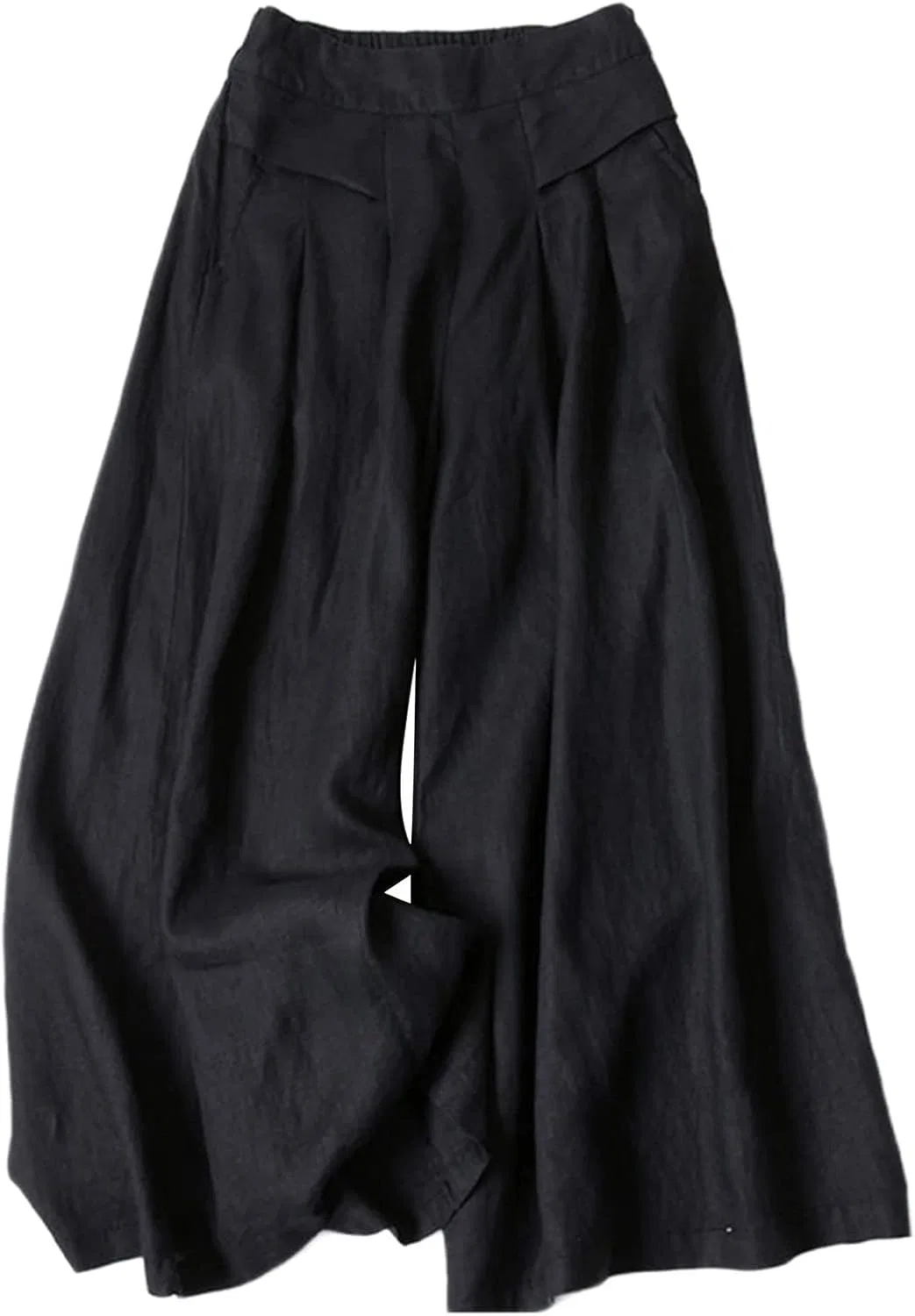 Generic Женские кюлоты Cotton Linen широкие палаццо с эластичной талией, прямые черные брюки капри — фото 3