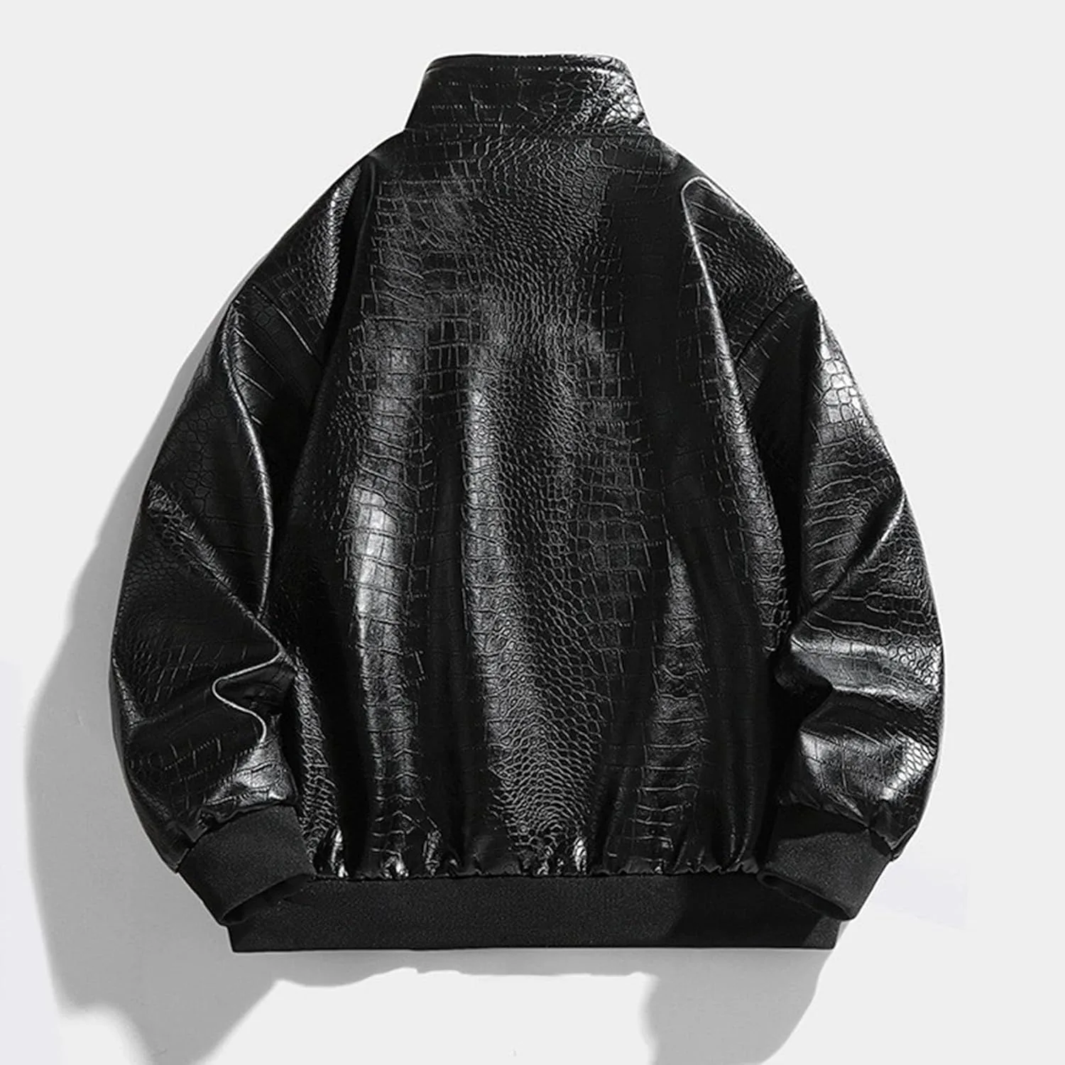 Кожаная куртка мужская Croco Printed, мотоциклетная, на кнопках, воротник стойка, молния, PU Generic, черный — фото 2