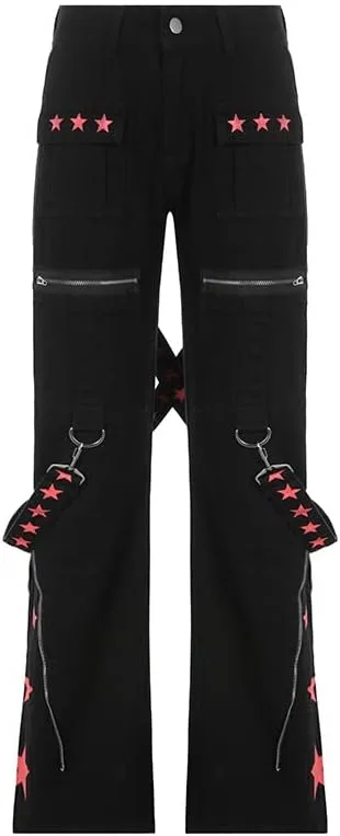 

Pooyikoi Women Y2K джинсы с пятиконечной звездой и лентой, мешковатые, в готическом стиле