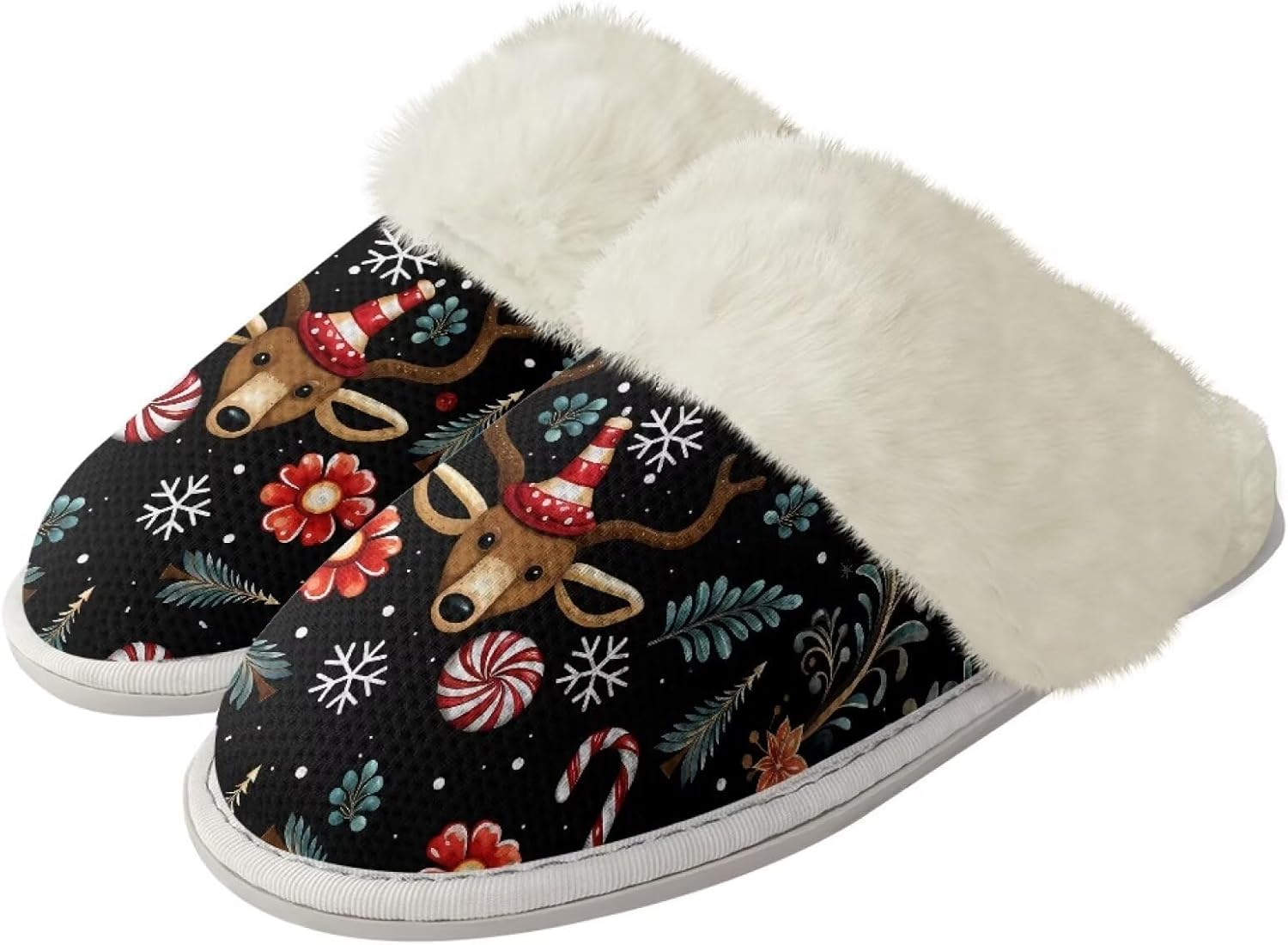 

Домашние тапочки Srengjodk Slip-On, фланелевые тапочки с меховой отделкой для женщин и мужчин, его и ее тапочки, размеры 36-47, Chic Reindeer Print