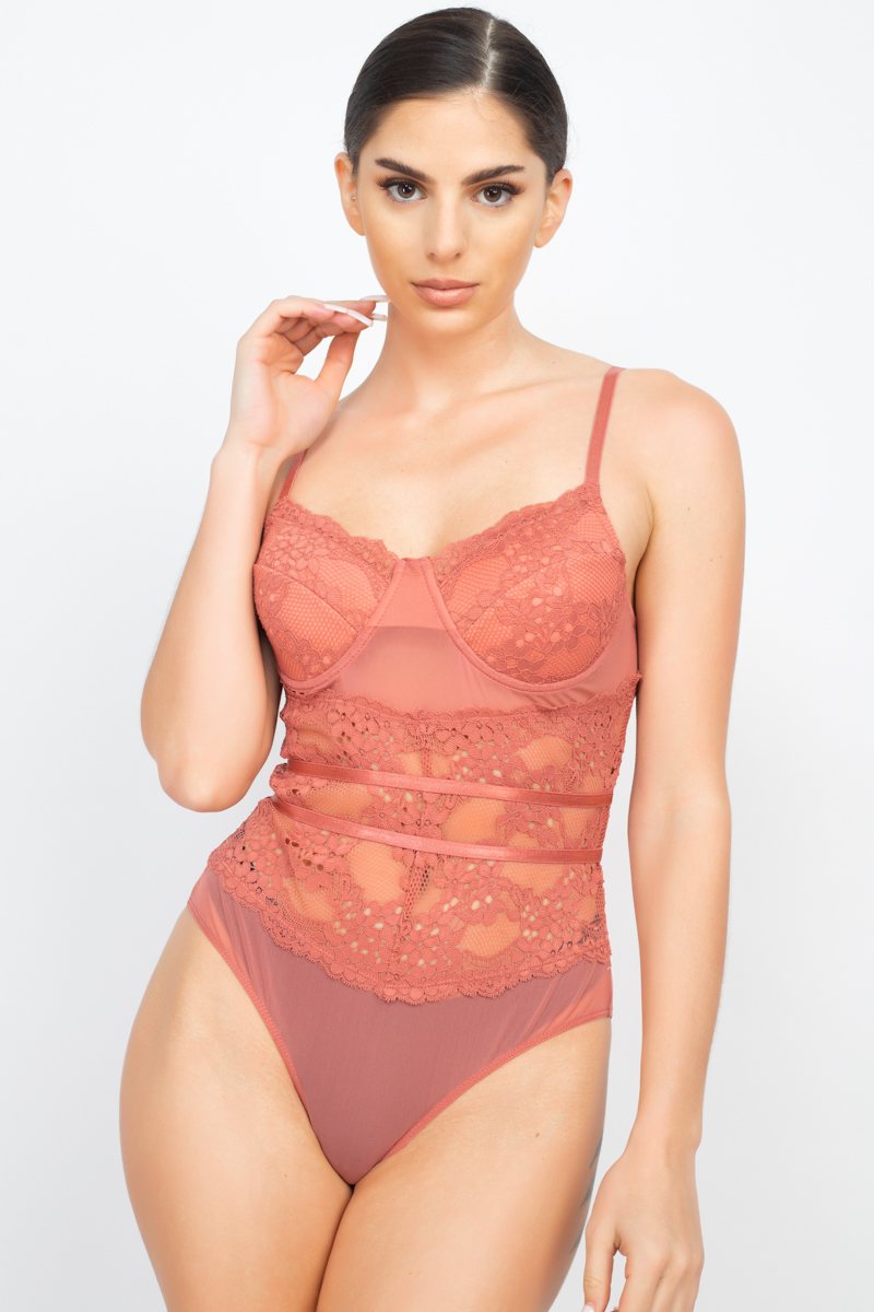

FASHNZFAB Женский прозрачный кружевной цветочный боди с подкладкой, цвет light marsala