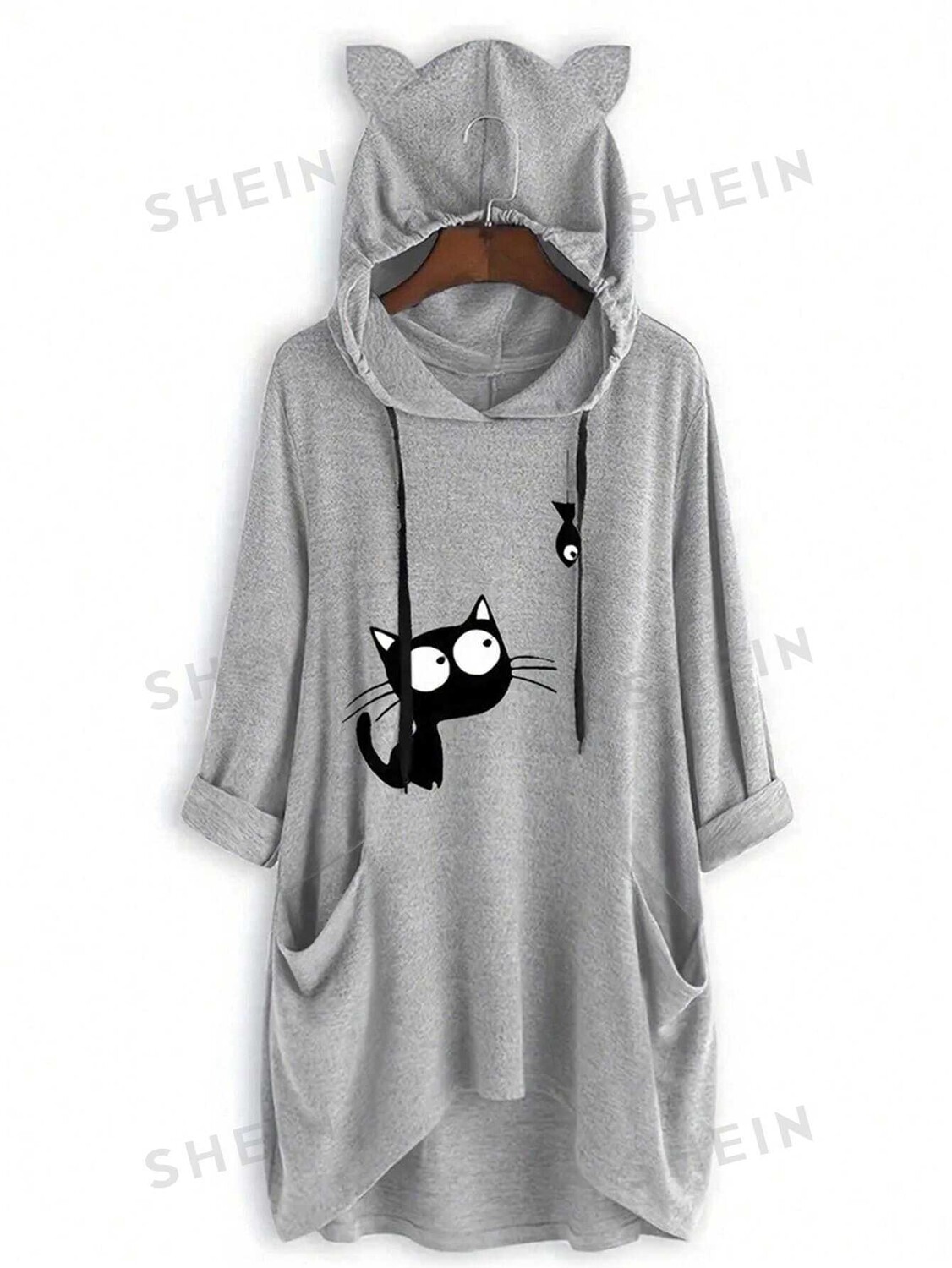

EZwear Plus Футболка с кошачьим узором, двойные карманы, капюшон на шнурке Shein, светло-серый