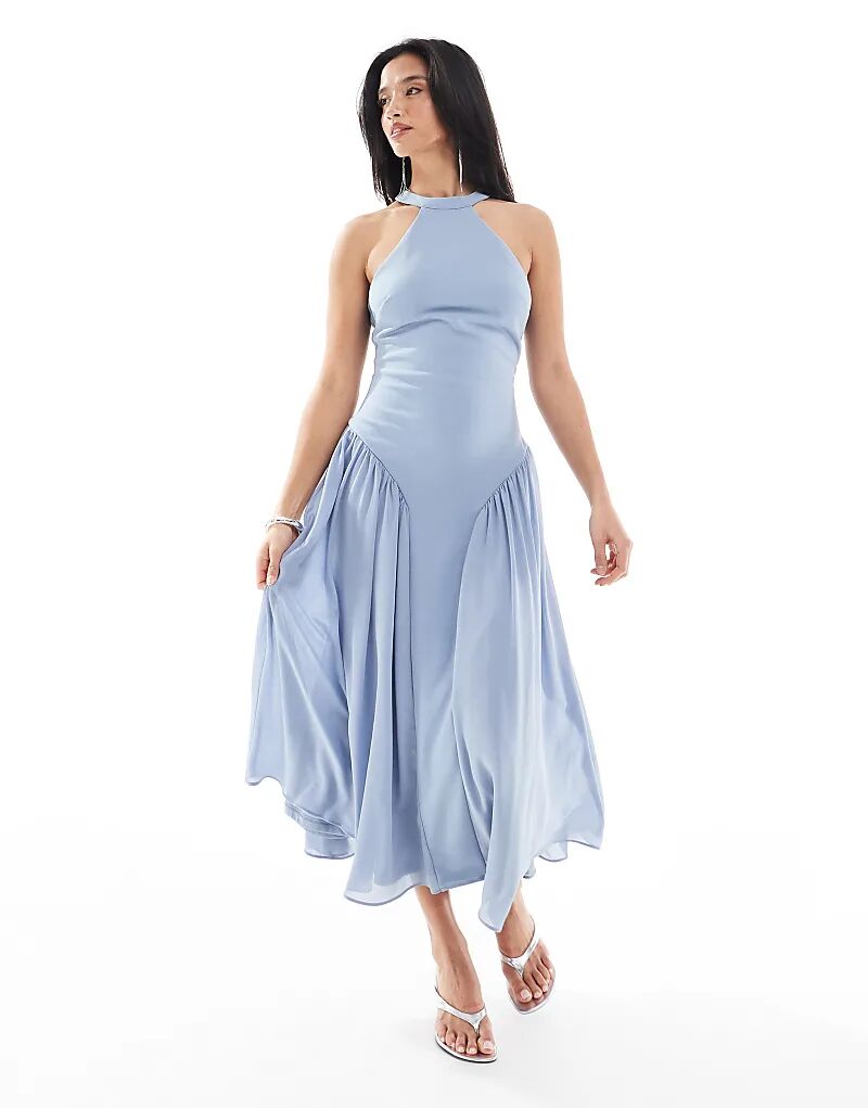 

Платье макси TFNC Petite Bridesmaid с высоким воротом и пышной юбкой в цвете пыльно-голубого цвета