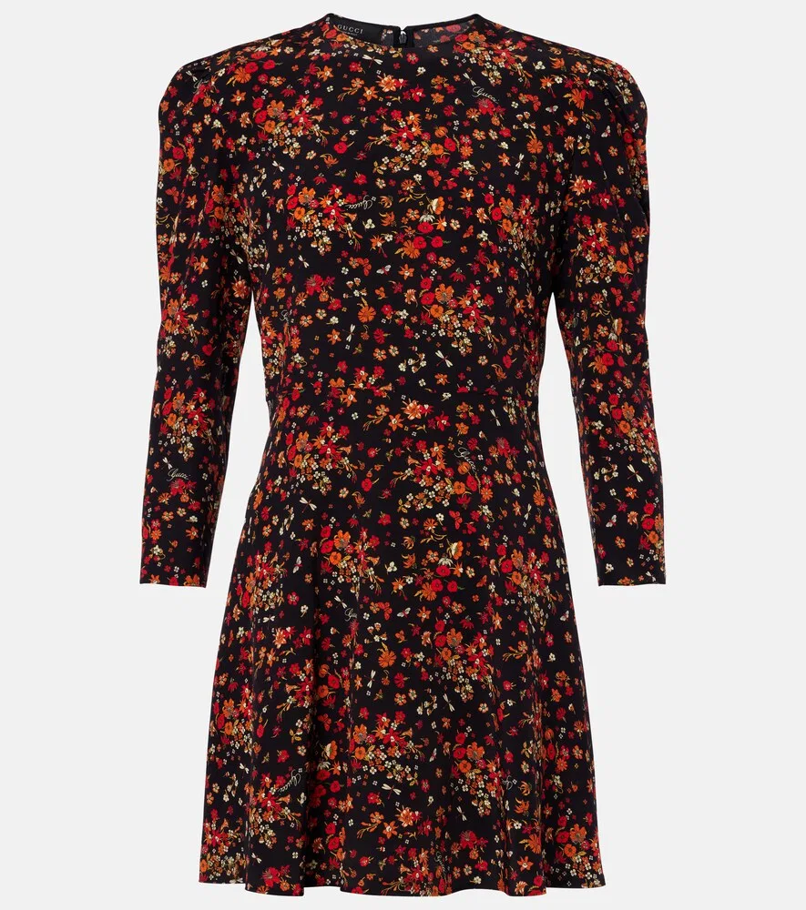 Платье мини Gucci Шелковое с цветочным принтом, Потайная молния, Красный