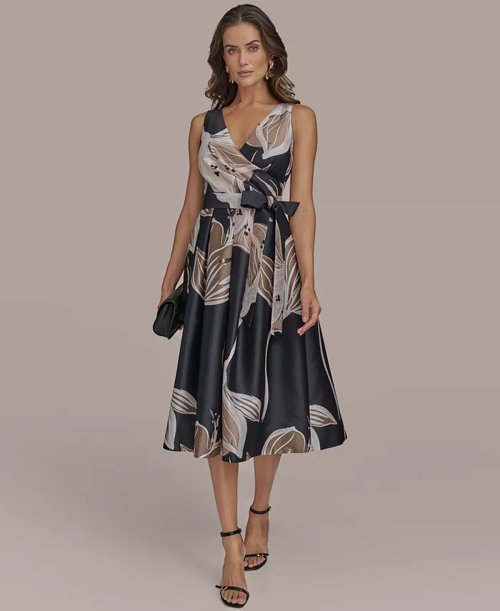 

Женское миди-платье А-силуэта с цветочным принтом Donna Karan New York, серый