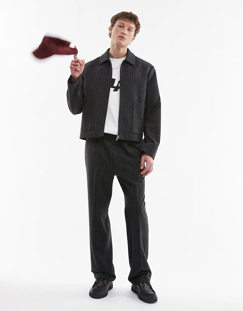 

Брюки Topman премиум-класса с высокой талией и тонкой полоской из шерстяной смеси, антрацитового цвета