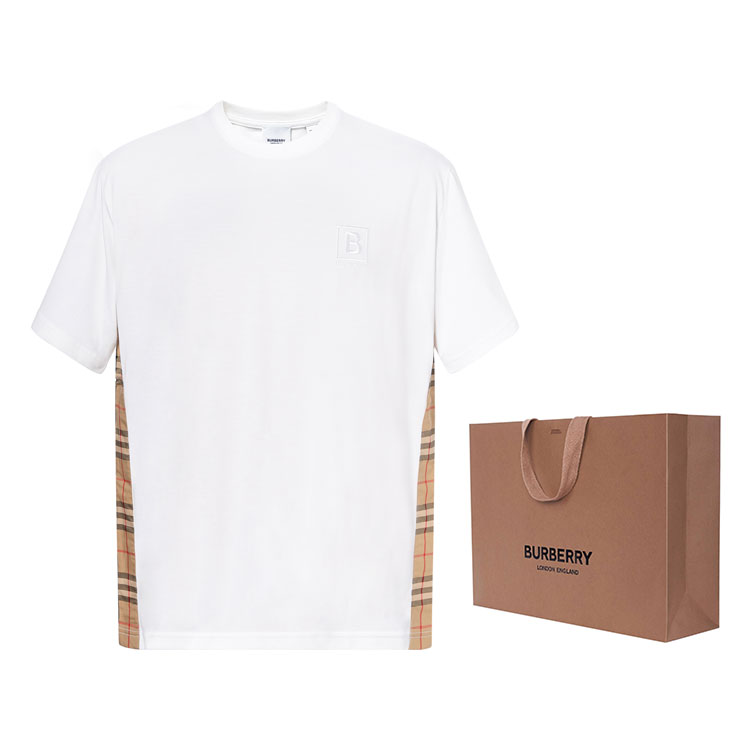 Футболка из хлопка Burberry, клетчатые вставки, белый — фото 3