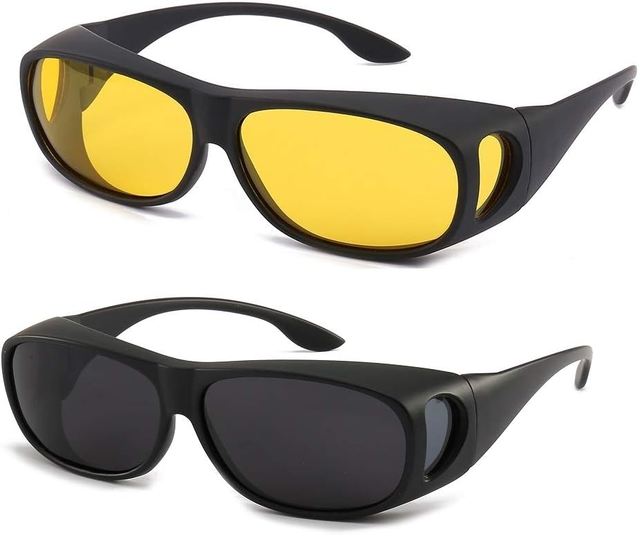 

2 шт. Очки для коррекции зрения, оптика HD, для дневного и ночного вождения, обтекаемые, с антибликовым покрытием, солнцезащитные очки, надеваемые поверх других очков Gemgoo, Rellow Lens+grey Lens