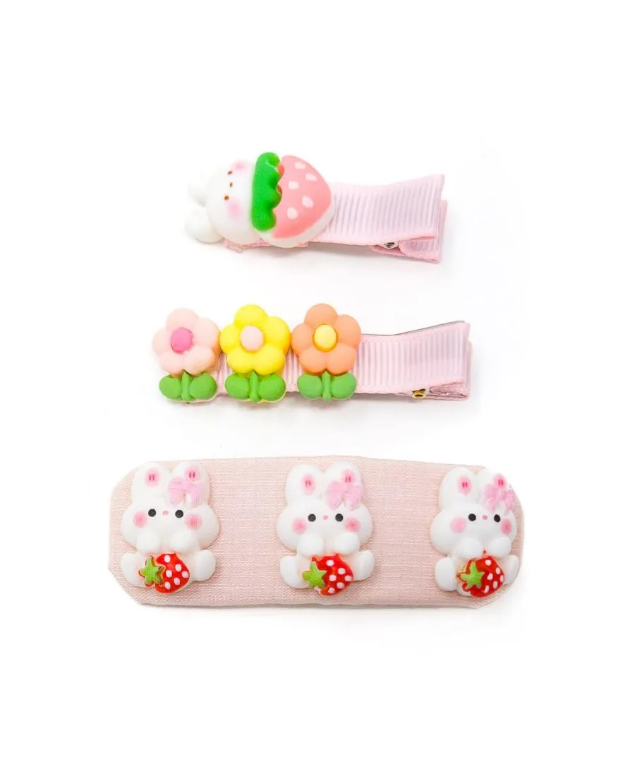 Набор из 3 заколок для волос для девочек - «Зайчики из сада» Puttisu, berry bunny garden (розовый)