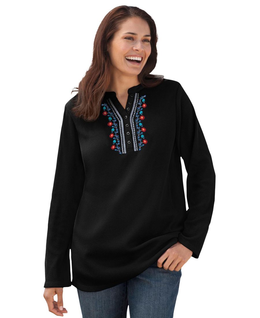 

Женская термофутболка-поло большого размера с вышивкой Woman Within, Black vine embroidery