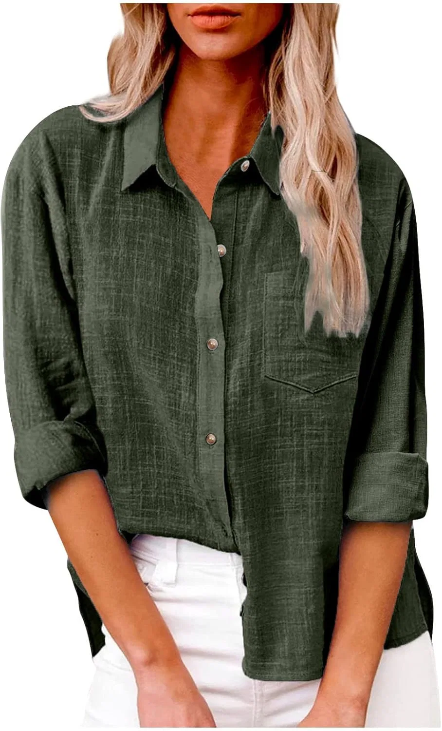 Блуза с длинным рукавом и воротником, Cotton Linen, армейский зеленый