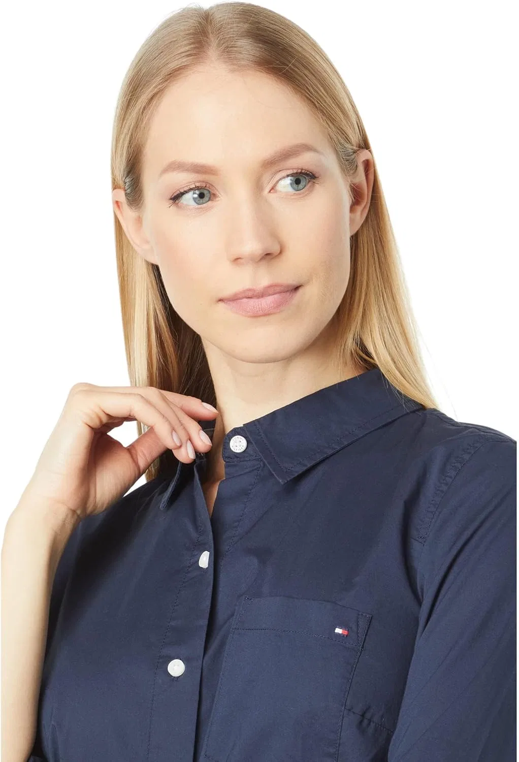 Блуза с закатанными рукавами, хлопковая, Tommy Hilfiger, голубой — фото 4