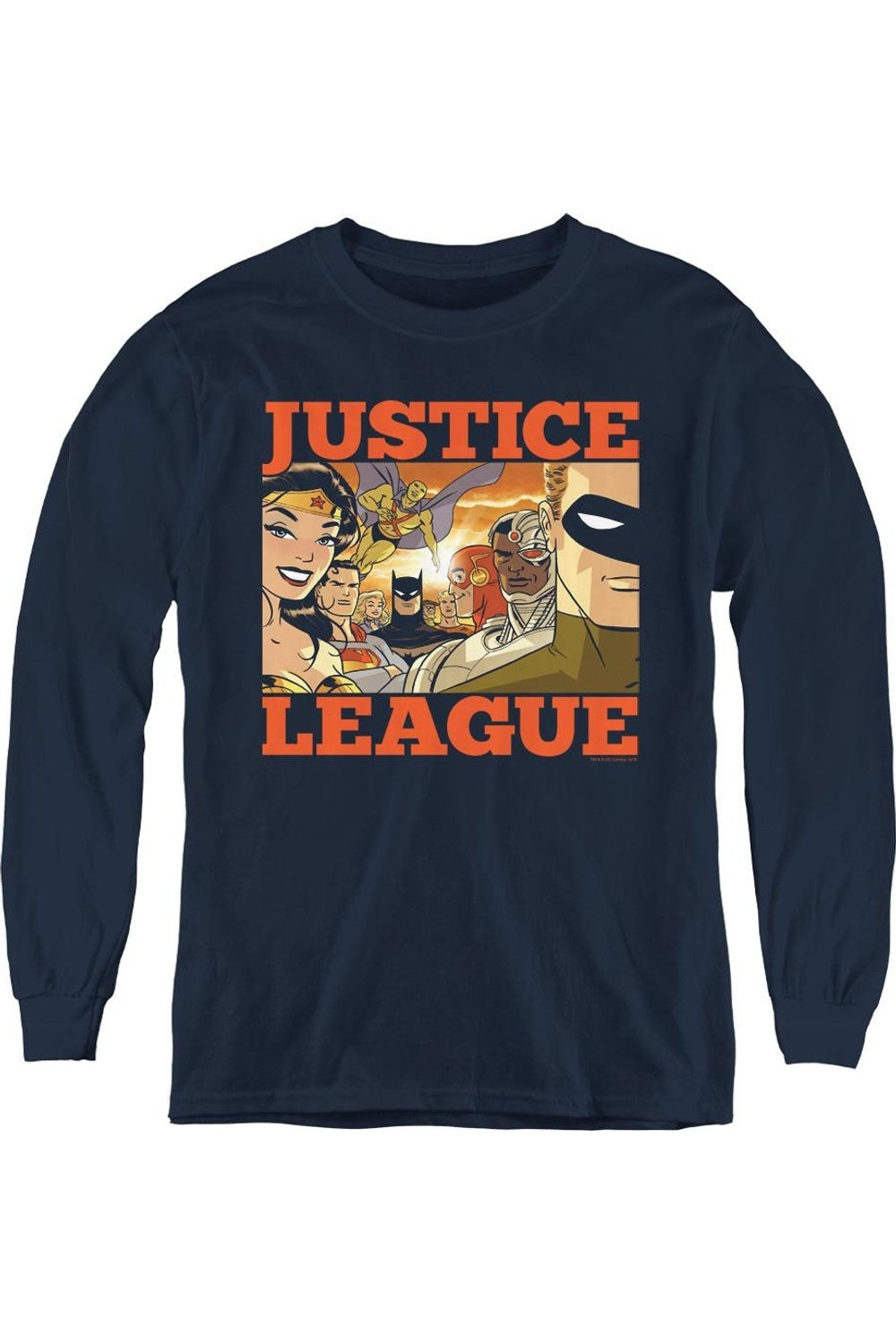 

Футболка с длинным рукавом New Dawn Group "Лига справедливости Америки" для молодежи Gildan, темно-синий