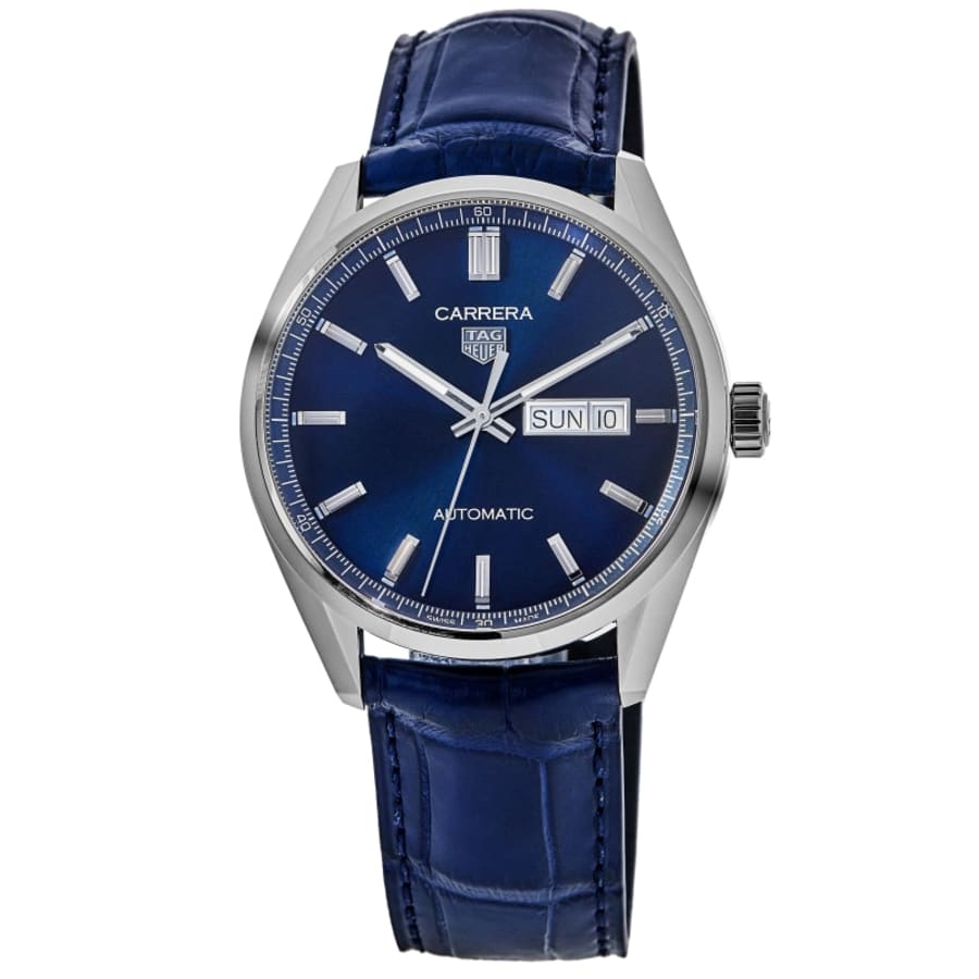 

Мужские часы Tag Heuer Carrera Calibre 5 Day-Date Automatic с синим циферблатом и кожаным ремешком