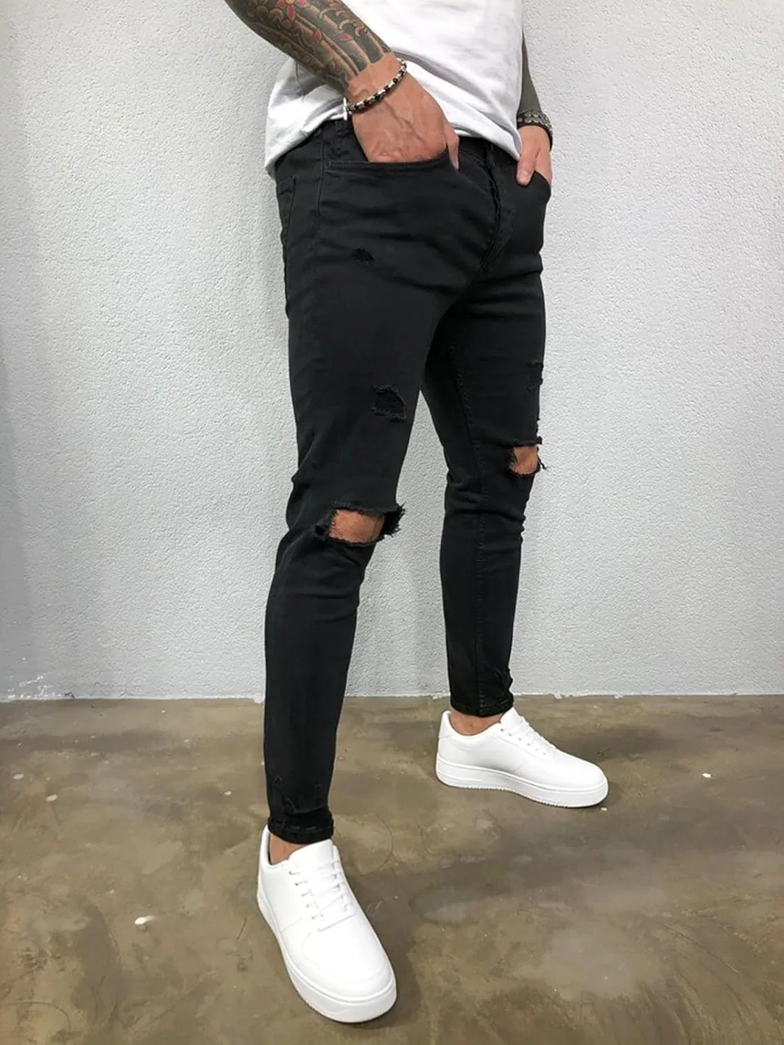 Джинсы скинни рваные Slim Fit, черный — фото 3