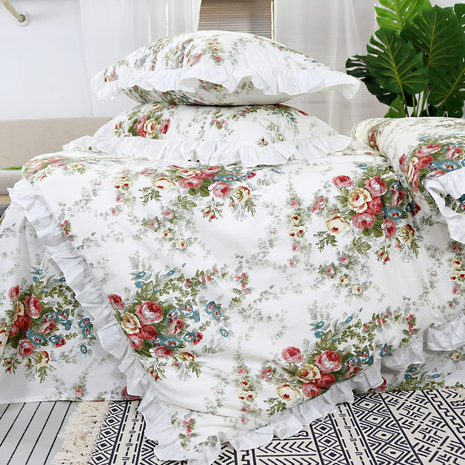 

FADFAY Комплект постельного белья Shabby Vintage Rose с цветочным принтом из 7 предметов. Простыни королевского размера