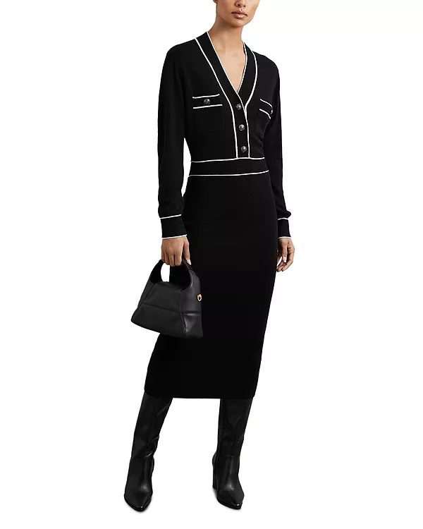 

Вязаное платье миди Lorrie с пуговицами спереди Reiss, черный