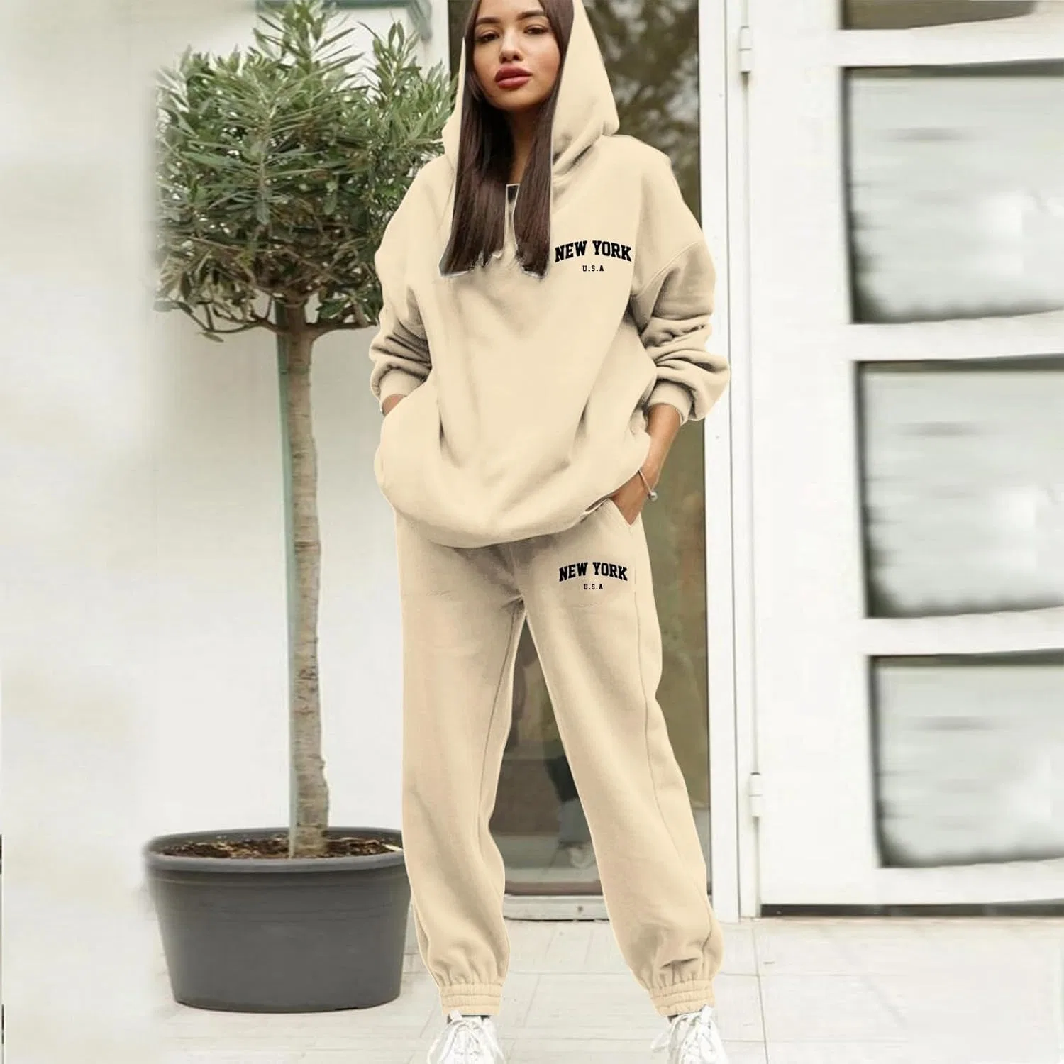 Спортивный костюм с капюшоном и буквенным принтом, Beige — фото 2