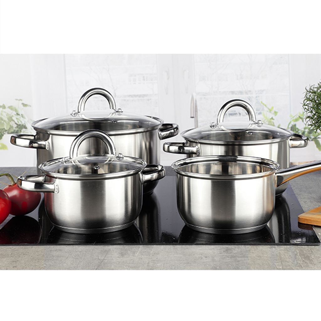 

Набор кастрюль из 8 предметов из полированной нержавеющей стали, подходит для индукционной плиты HI