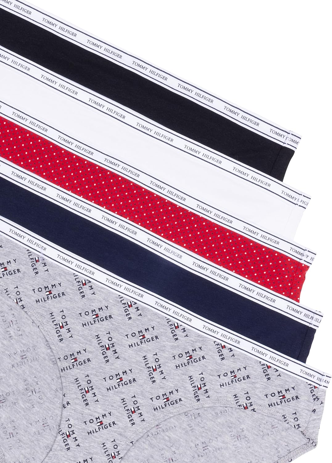 Женское классическое хлопковое бикини-белье Tommy Hilfiger с логотипом на поясе, упаковка 5 пар, Th Flag Stack Heather Grey/Navy Blazer/Super Mini Dots Apple Red/Bright White/Black — фото 2