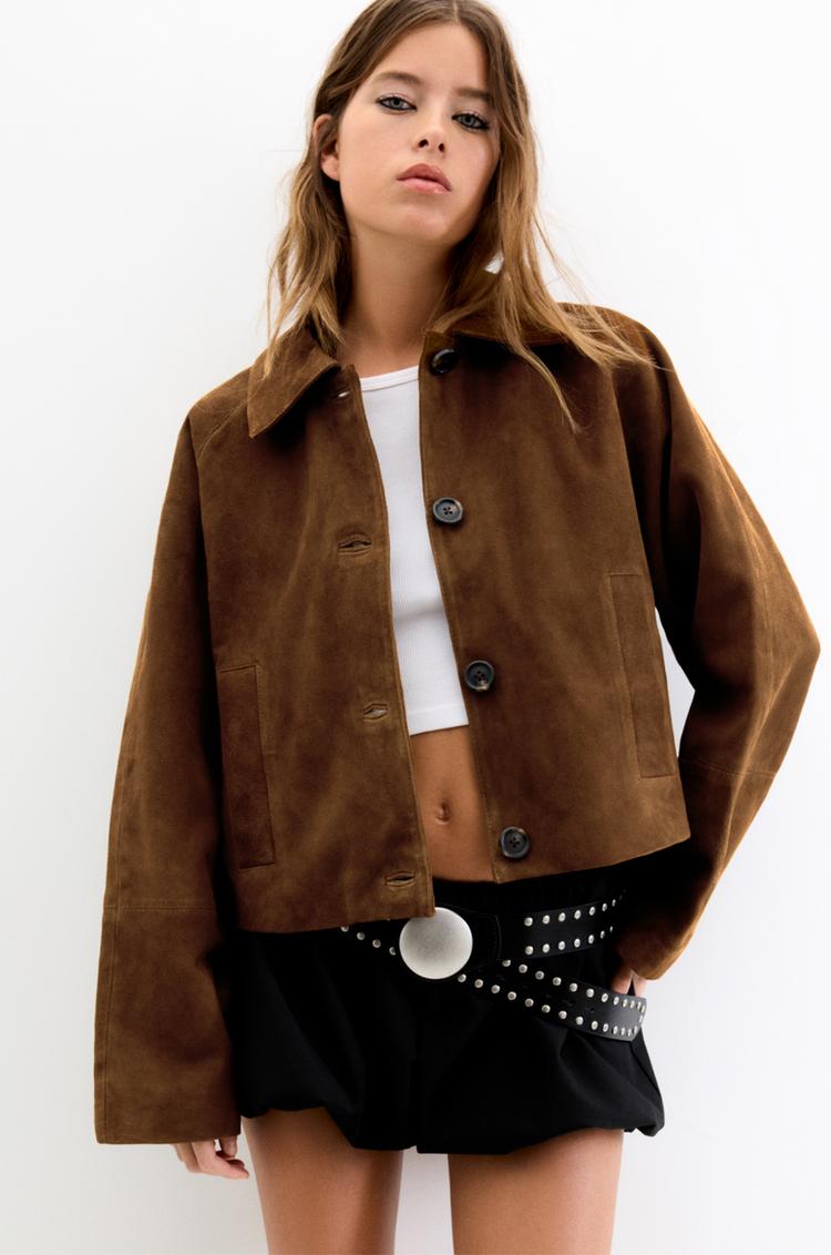 

100% кожаная куртка Pull And Bear, коричневый
