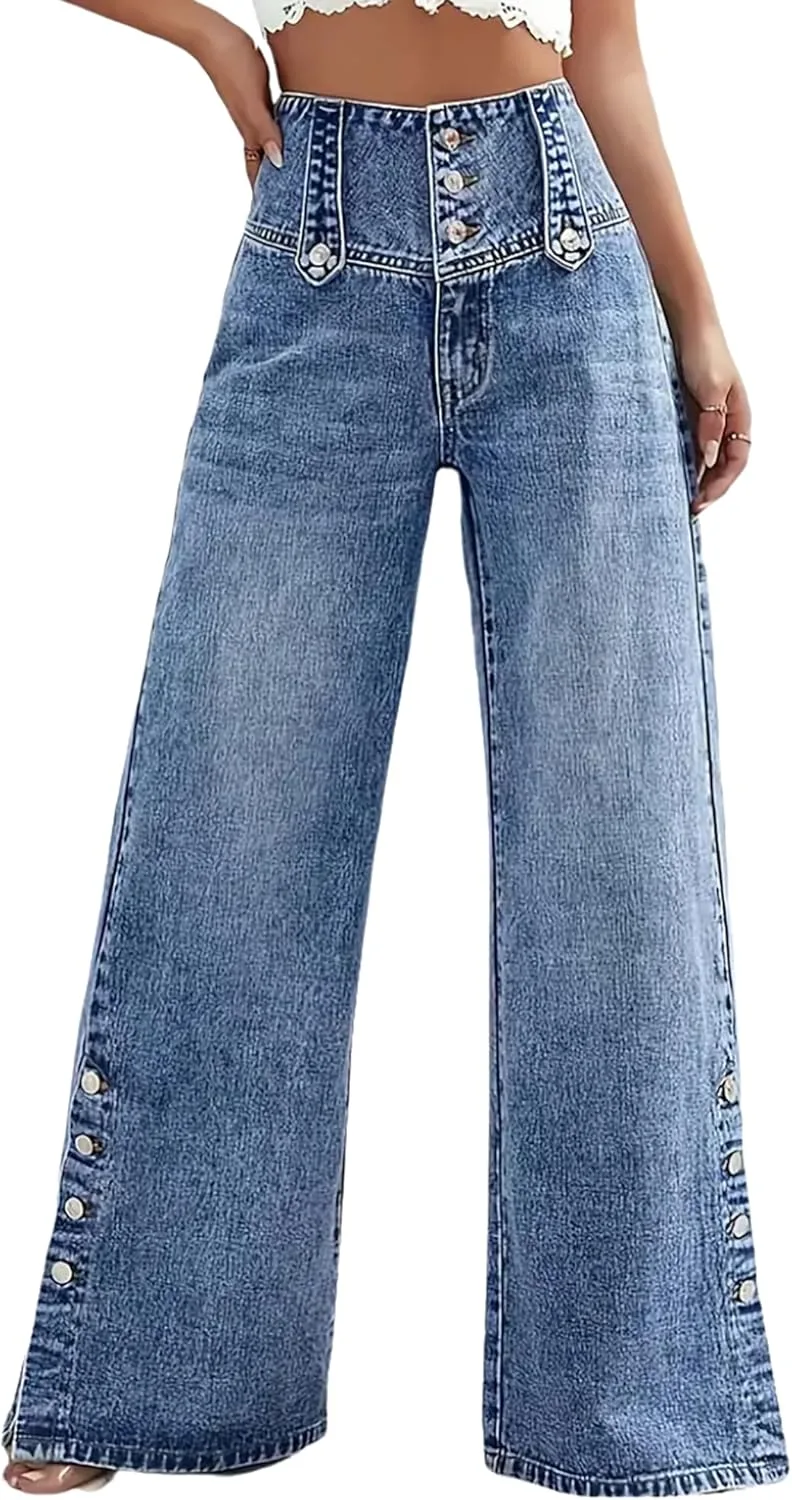 

Женские джинсы ретро с высокой талией и широкими штанинами QLAUYIOE