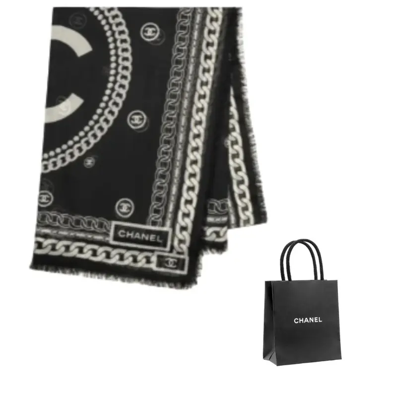

CHANEL Шерстяной вязаный шарф унисекс черный слоновая кость, Black/Ivory