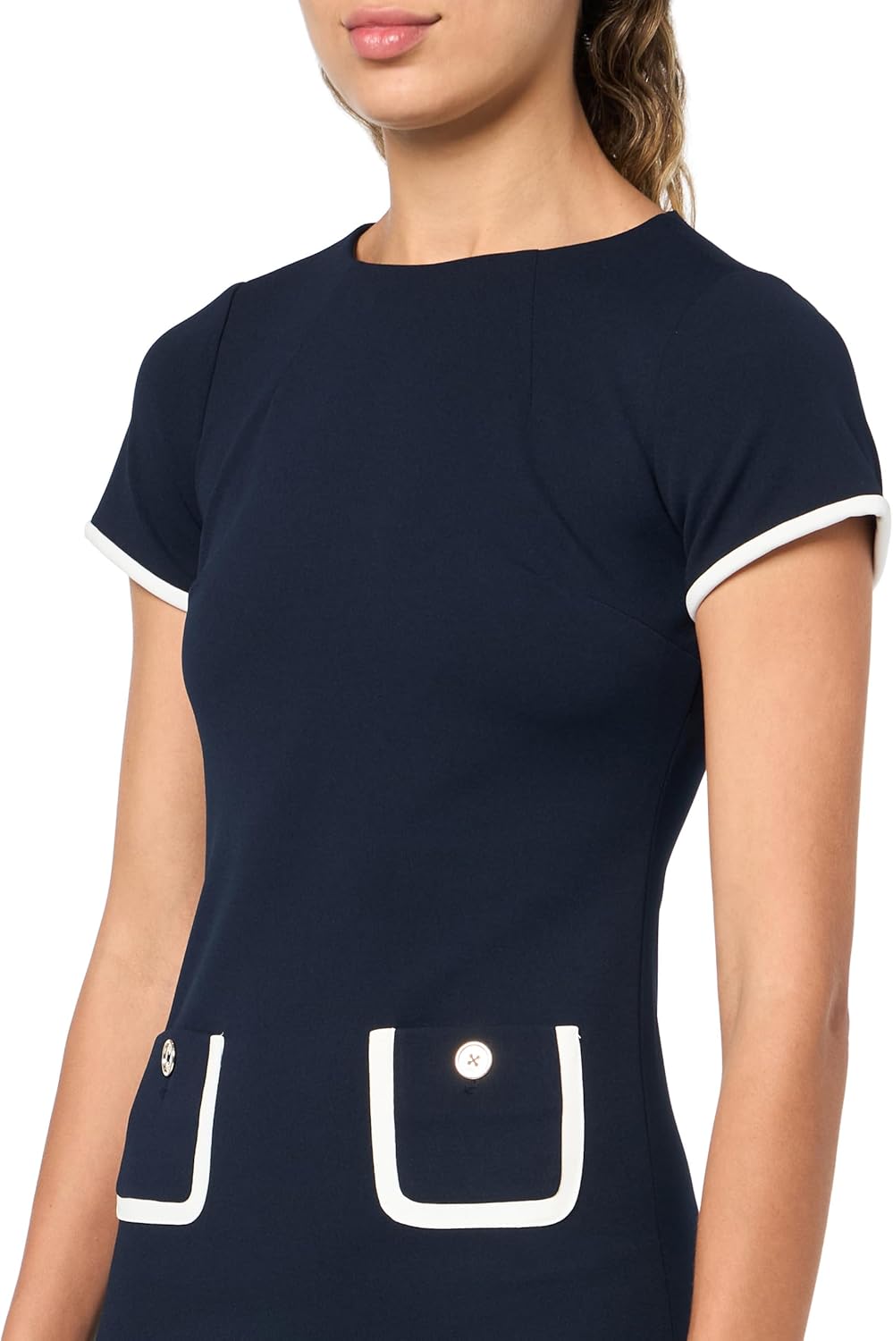 Женское мини-платье-футляр Tommy Hilfiger с короткими рукавами, высоким воротом и контрастной отделкой, Sky Captain/Ivory — фото 3