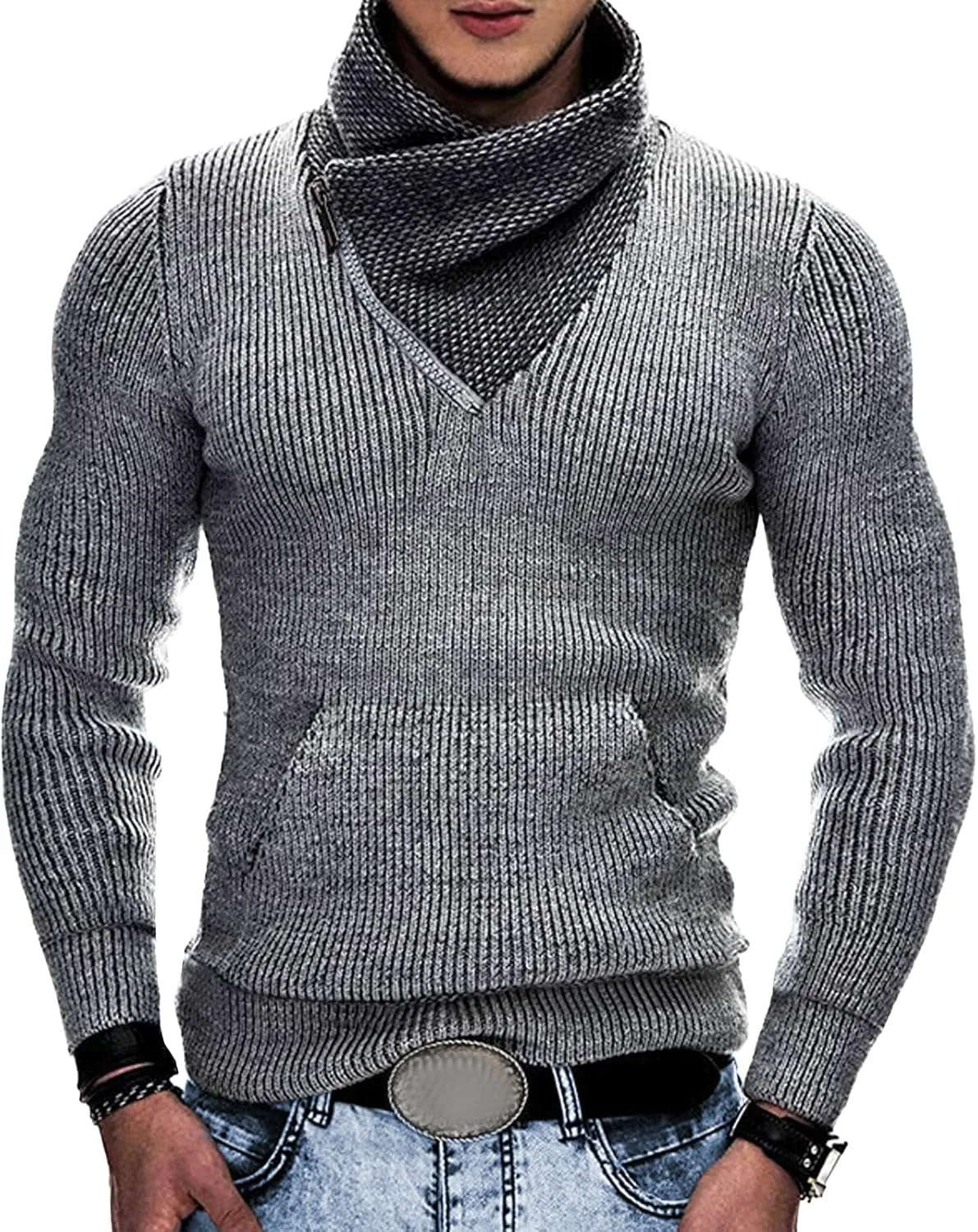 

Мужской вязаный свитер с воротником-шалью, длинным рукавом и карманами Kassercny