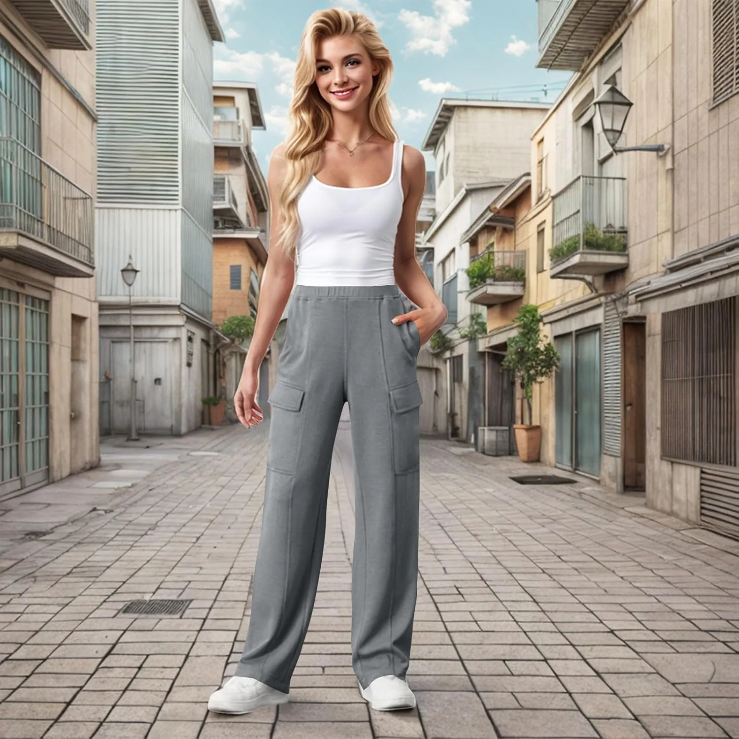 Женские карго брюки Slim Fit с эластичными манжетами Casual Streetwear в стиле джоггеров из легкой ткани Generic, серый — фото 3