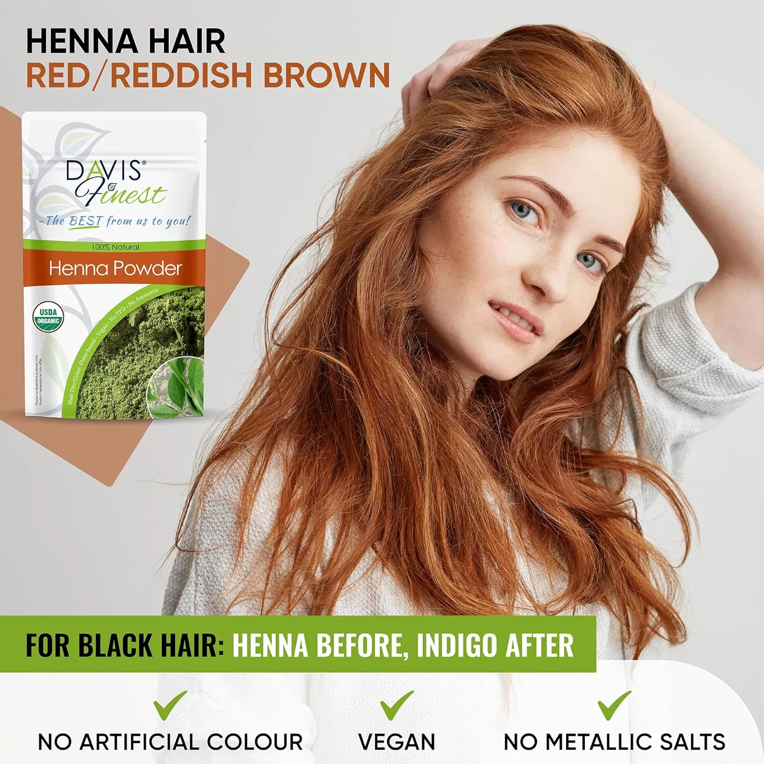 Натуральная хна для волос «Pure Natural Henna Powder» 500 г от Davis Finest Davis Finest, Reddish Brown — фото 3