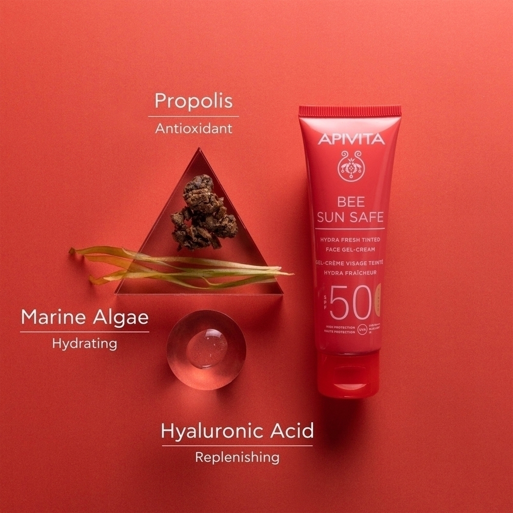 Гель-Крем для лица Bee Sun Safe Hydra с тонирующим эффектом SPF 50 Apivita, 50 мл — фото 3