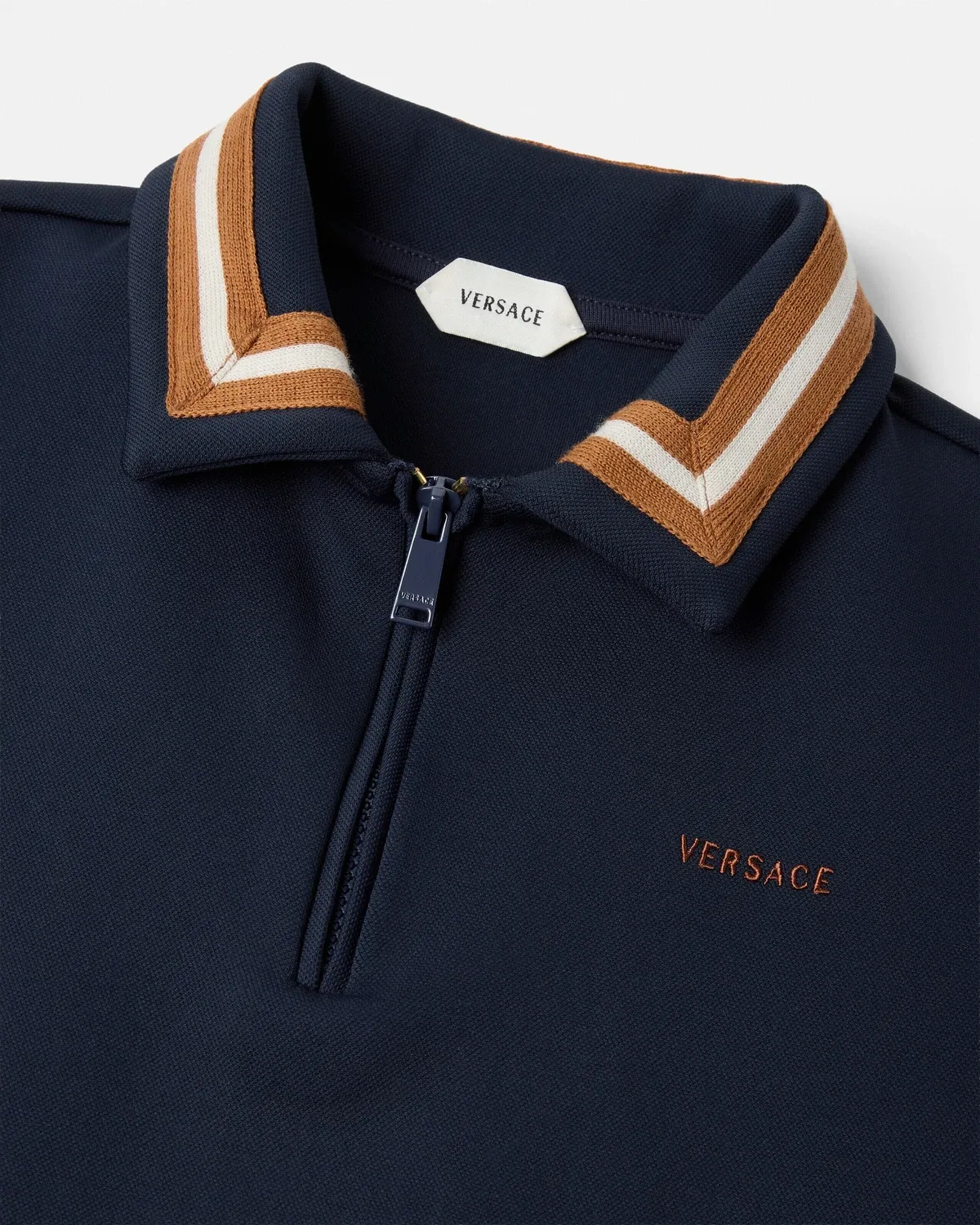 Детское поло на молнии из эластичного пике с вышитым логотипом Versace, синий — фото 4