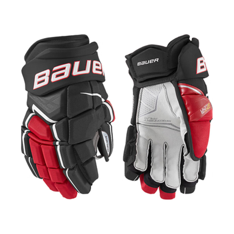 

BAUER Детские хоккейные перчатки S21 X для роликов, сухопутное снаряжение Baur Supersonic [черно-красные], 10 дюймов, рост ~128 см