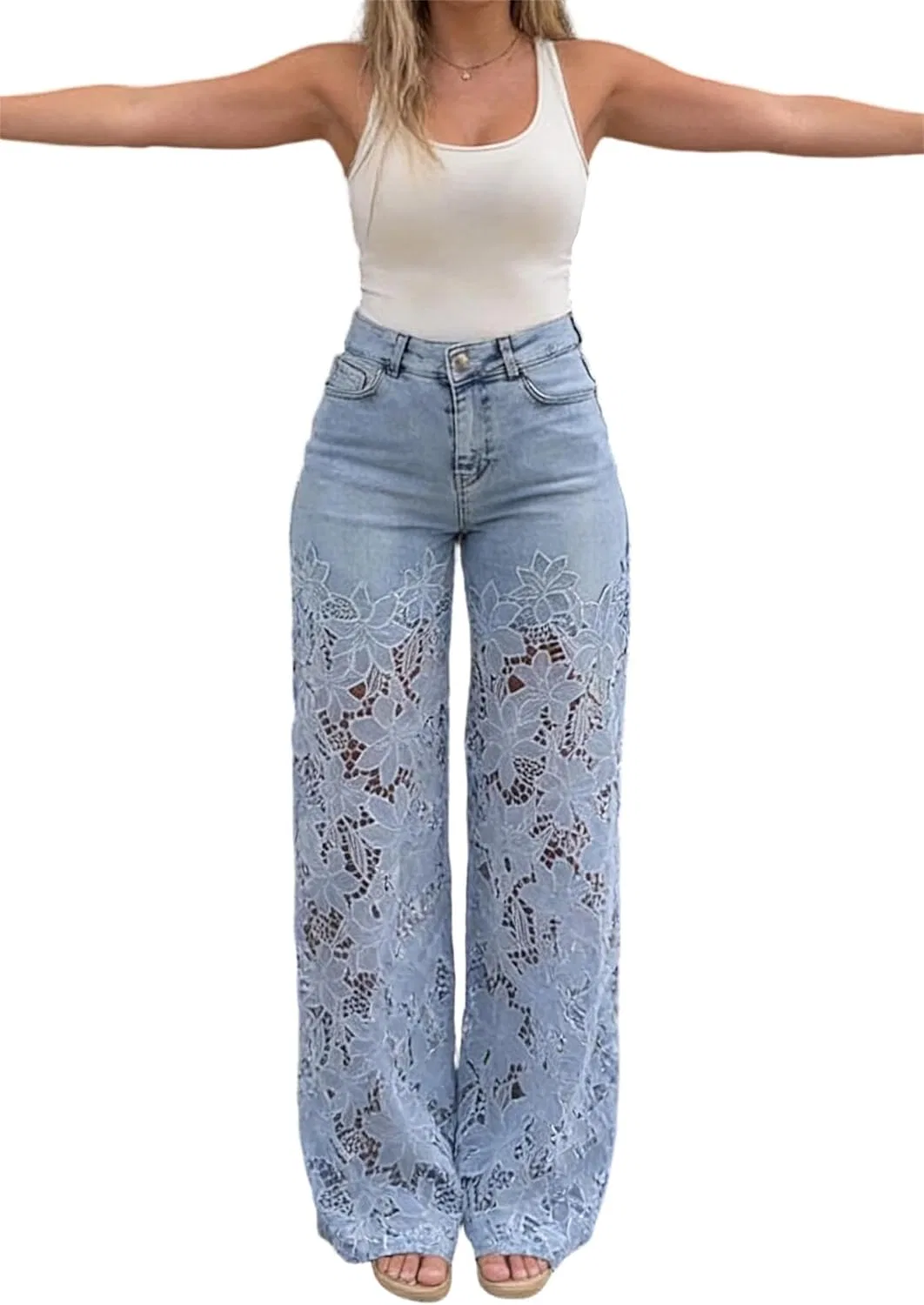 Джинсы деним с кружевными вставками, Light Blue