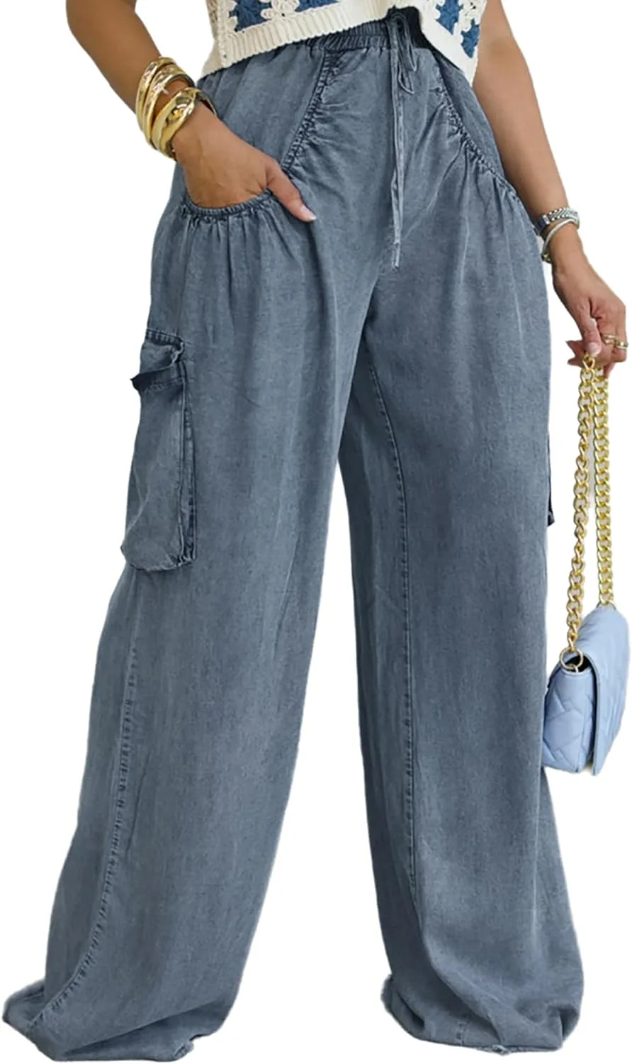 

Женские джинсы карго с высокой талией и широкими штанинами QLAUYIOE