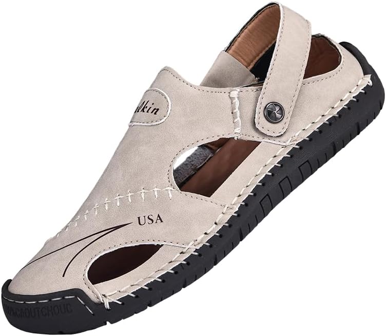 

Мужские кожаные сандалии-рыбаки с закрытым носком, спортивные сандалии с вырезами, слипоны, римские повседневные летние пляжные шлепанцы Salkin, бежевый