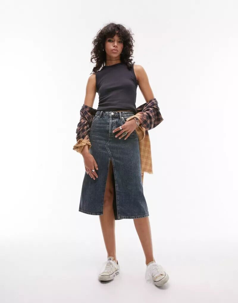 

Темно-грязная джинсовая юбка миди Topshop с нижним краем «рыбий хвост»