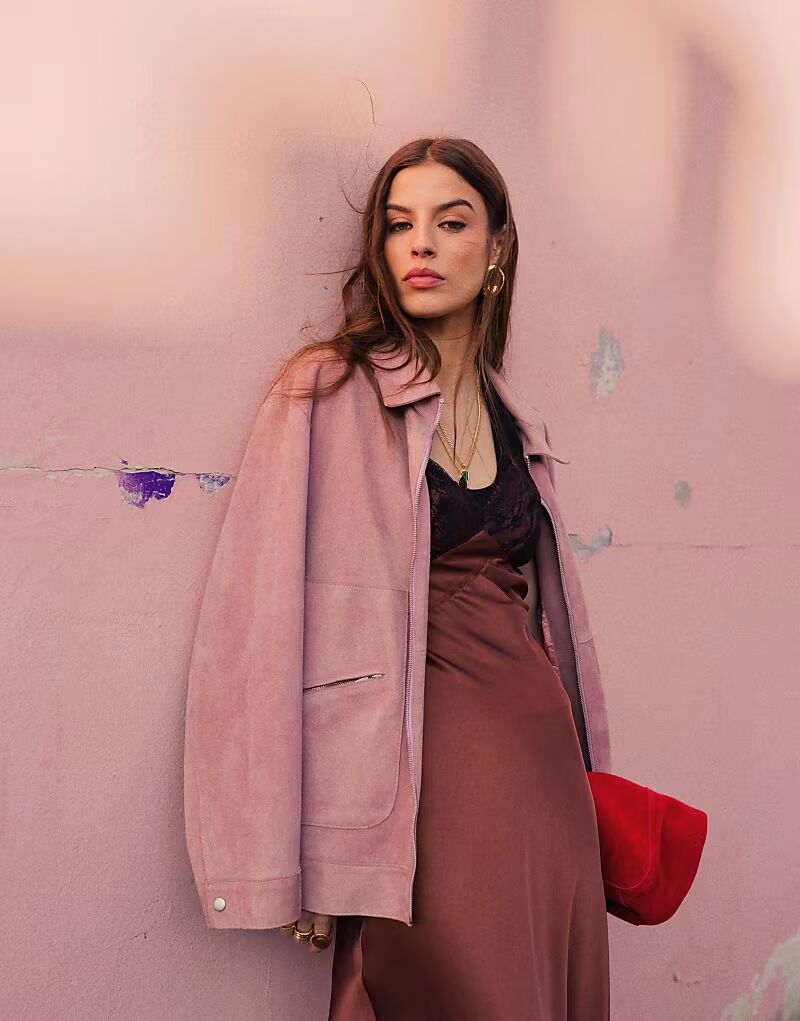 

Куртка Topshop coord из натуральной замши премиум-класса с декоративными швами розового цвета