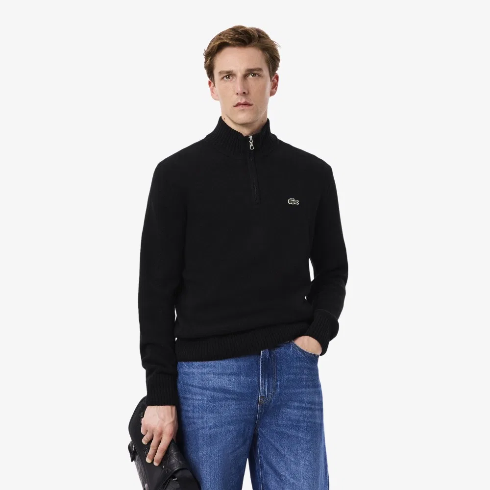 Мужской шерстяной свитер на полумолнии чёрный от Lacoste