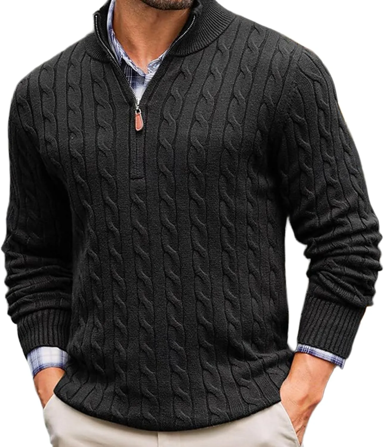 

Мужской свитер с четвертью молнии, кабельная вязка, водолазка, Slim Fit