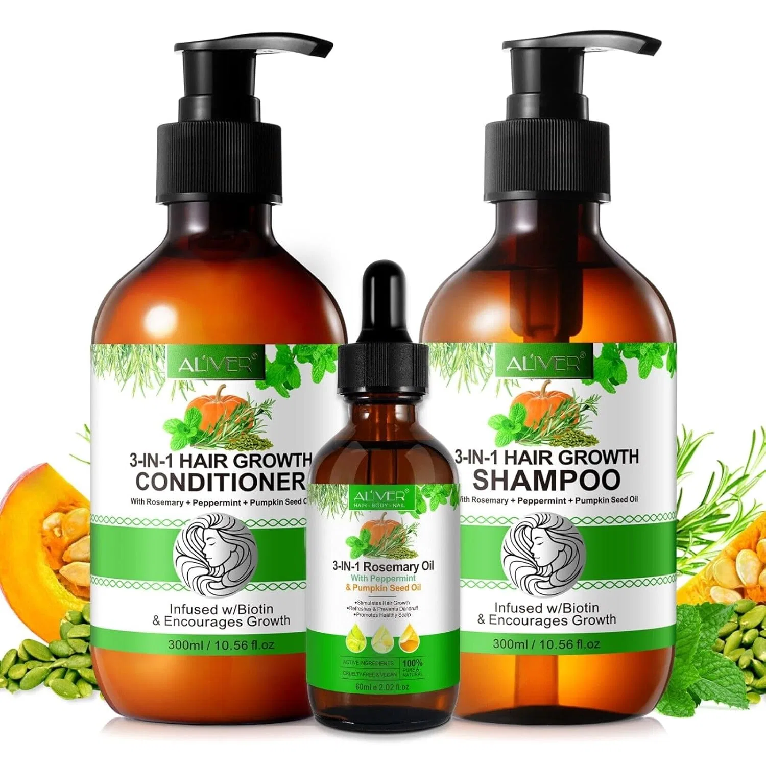 Набор для ухода за волосами 3-в-1 с биотином и розмарином от P-Beauty P-Beauty Cosmetic Accessories, Set 1 Shampoo + Condit. + Oil
