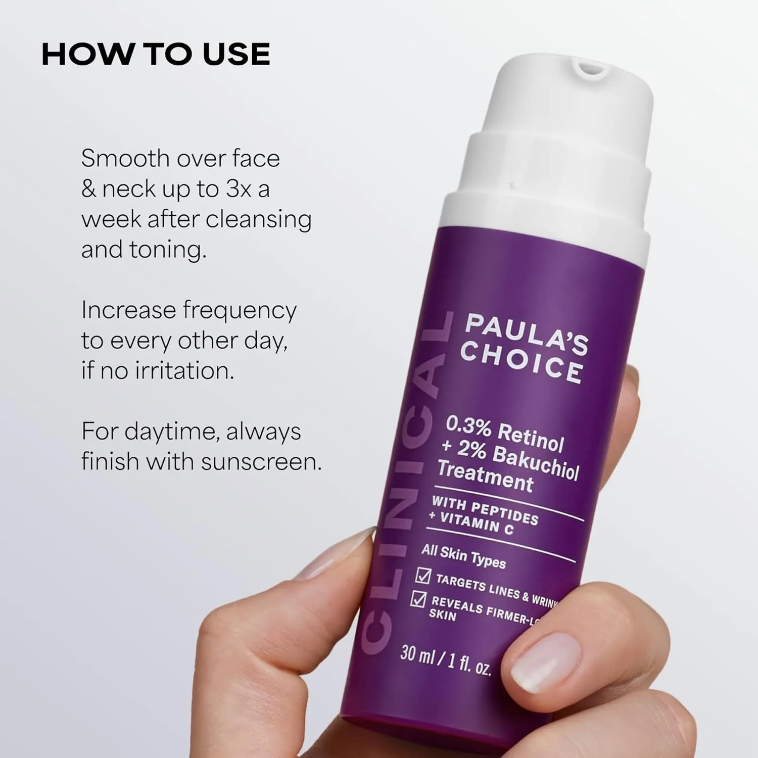 Paula's Choice CLINICAL 0.3% ретинол + 2% бакучиол сыворотка для лица, антивозрастная с церамидами, гиалуроновой кислотой, витаминами C и E, против морщин, без отдушки, 30 мл — фото 4