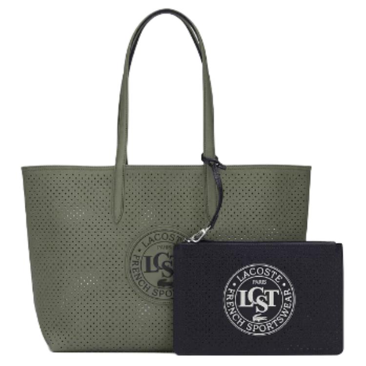 

LACOSTE ПВХ хозяйственная сумка большая женская оливковый и темно-синий, Olive Green & Dark Blue
