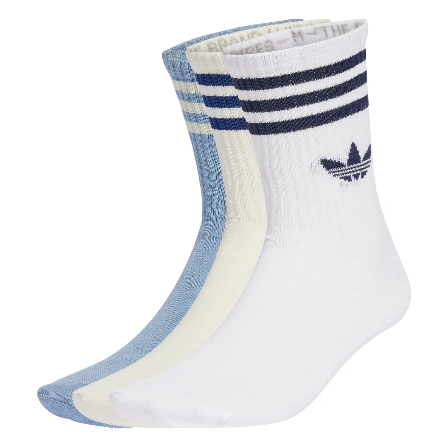 Носки Adidas Originals 3-Stripes Crew 3 Pairs в цветах: морской синий небесно-голубой, белый и шерстяной белый