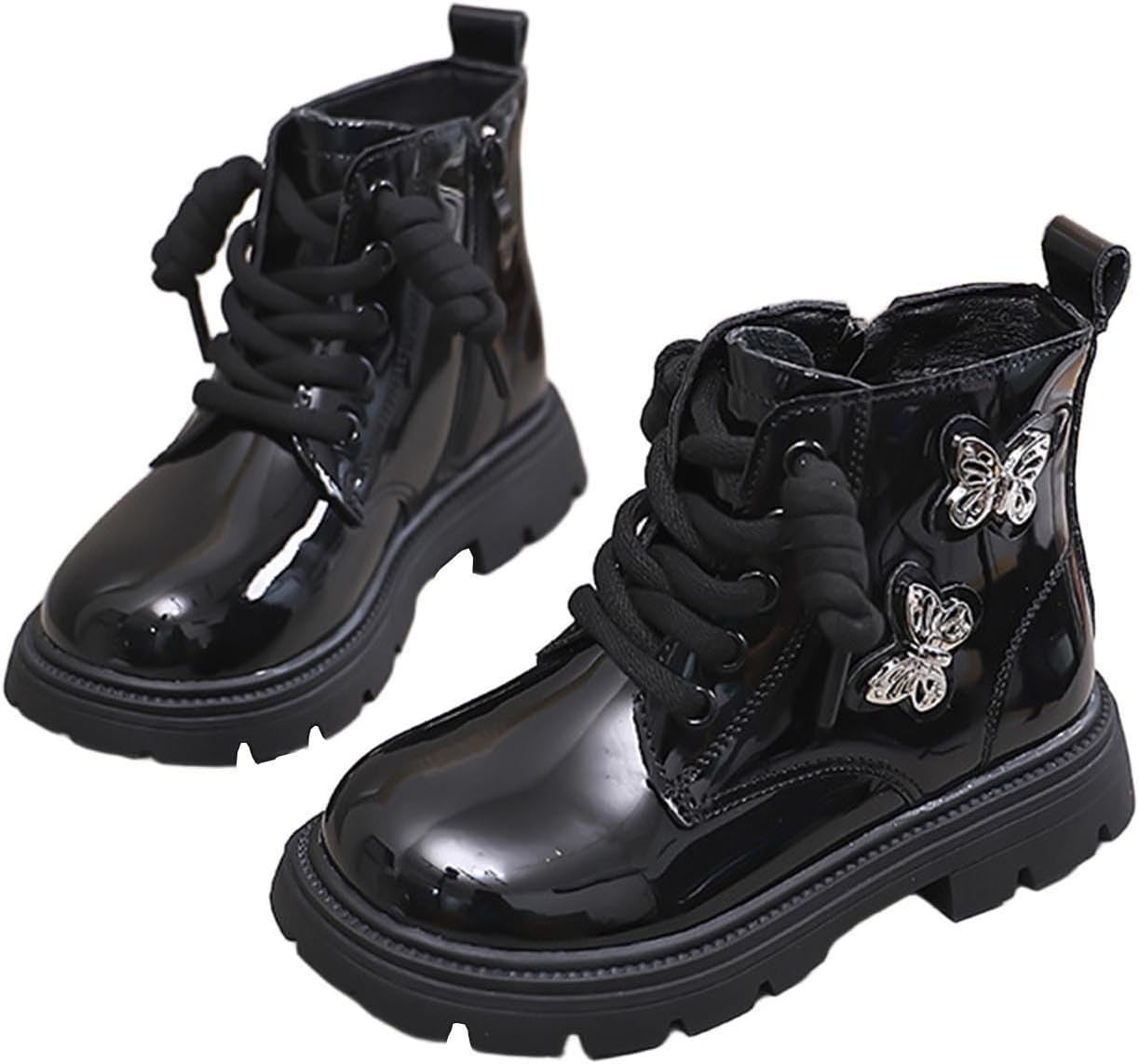 

Девочкам ботинки на щиколотку модные сверкающие с бабочкой, шнуровкой, боевые ботинки с боковой молнией, блестящей поверхностью, высокие кроссовки Generic, Black