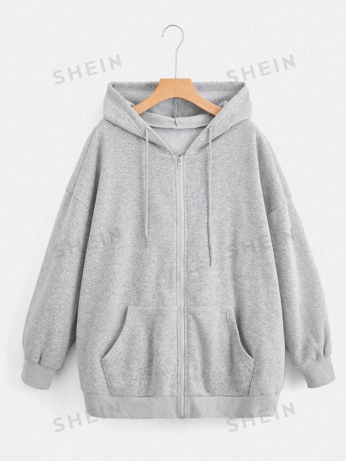 

EZwear Plus Толстовка, застежка-молния, заниженная линия плеча, кулиска Shein, светло-серый